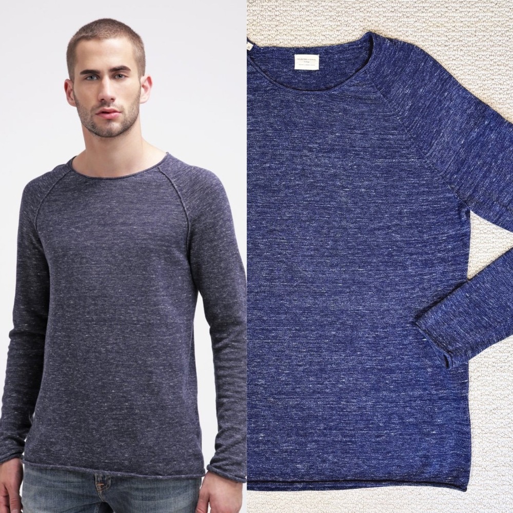 SELECTED‎ HOMME Indigo Clash Crewneck, XL, Marled Cotton Knit Raglan T-Shirt